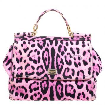 Pre Owned Dolce and Gabbana Pink Leopard Print Canvas Large Miss Sicily Top Handle Bag