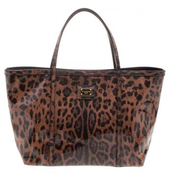 Pre Owned Dolce and Gabbana Dark Brown Leopard Print PVC Miss Escape Tote