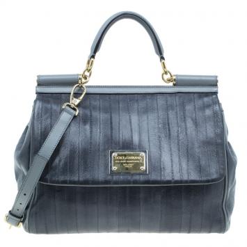 Pre Owned Dolce and Gabbana Grey Leather Large Striped Miss Sicily Tote