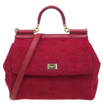 Pre Owned Dolce and Gabbana Red Crochet Rose Large Miss Sicily Tote