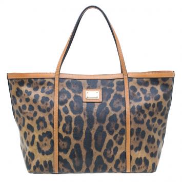 Pre Owned Dolce and Gabbana Leopard Print Coated Canvas Tote Bag