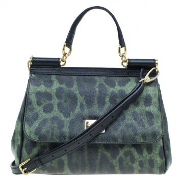Pre Owned Dolce and Gabbana Green Leopard Print Leather Medium Miss Sicily Tote Bag