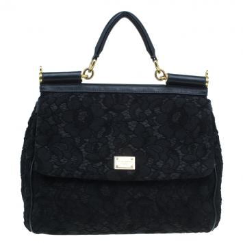 مملوكة مسبقًا Dolce and Gabbana Black Lace and Leather Medium Miss Sicily Bag