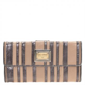 Pre Owned Dolce and Gabbana Metallic Grey and Beige Leather Flap Wallet