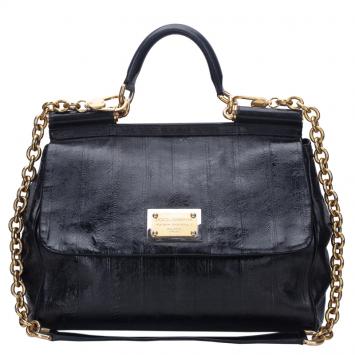 Pre Owned Dolce and Gabbana Black Striped Leather Large Miss Sicily Tote