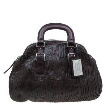 Pre Owned Dolce and Gabbana Brown Pleated Leather Miss Bauletto Dome Satchel