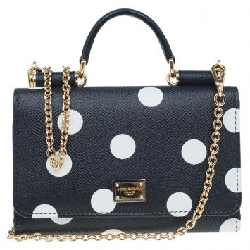 Pre Owned Dolce and Gabbana Black Polka Dot Leather Wallet on Chain