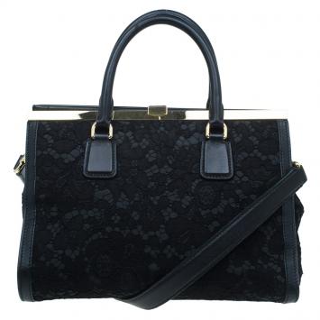 Pre Owned Dolce and Gabbana Black Lace and Leather Miss Sofia Top Handle Bag
