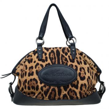 Pre Owned Dolce and Gabbana Black Leopard Print Fabric and Leather Animalier Satchel