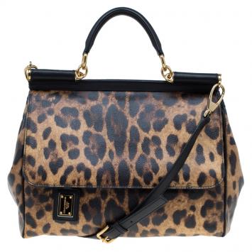 Pre Owned Dolce and Gabbana Leopard Print Coated Canvas Medium Miss Sicily Tote
