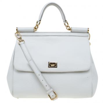 Pre Owned Dolce and Gabbana White Calfskin Leather Medium Miss Sicily Tote