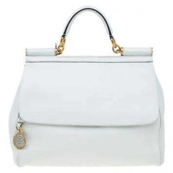 Pre Owned Dolce and Gabbana White Leather Medium Miss Sicily Tote