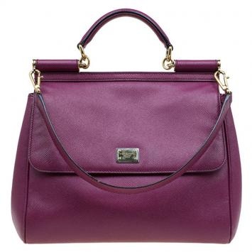 Pre Owned Dolce & Gabbana Plum Leather Medium Miss Sicily Tote