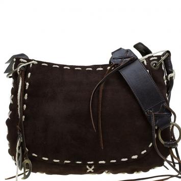 Pre Owned Dolce and Gabbana Dark Brown Suede Stitched Tassled Shoulder Bag