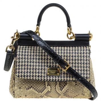 Pre Owned Dolce and Gabbana Beige Raffia and Python Small Miss Sicily Top Handle Bag