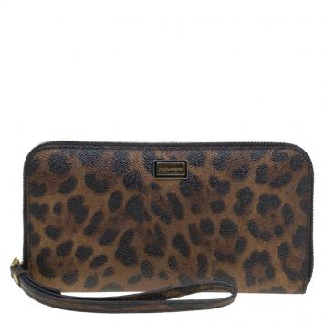Pre Owned Dolce and Gabbana Leopard Print Leather Zip Around Continental Wallet