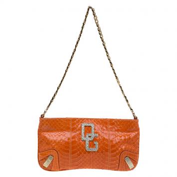 Pre Owned Dolce and Gabbana Orange Python Crystal Logo Chain Clutch