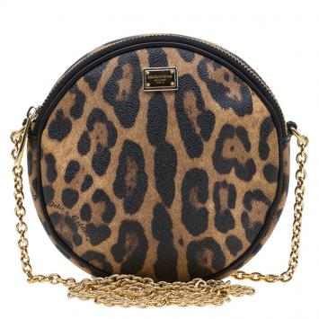 Pre Owned Dolce and Gabbana Leopard Print Canvas Glam Round Shoulder Bag