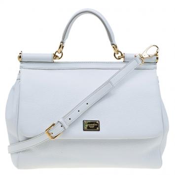 Pre Owned Dolce and Gabbana White Leather Medium Miss Sicily Top Handle Bag