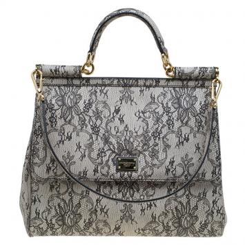مملوكة مسبقًا Dolce and Gabbana Grey Lace Print Leather Medium Miss Sicily Top Handle Bag