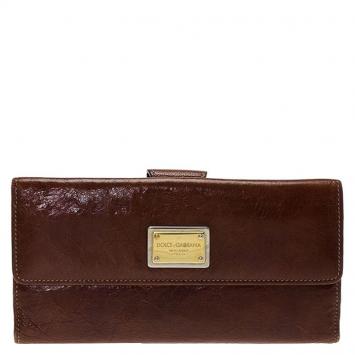 Pre Owned Dolce and Gabbana Brown Crackled Leather Trifold Long Wallet