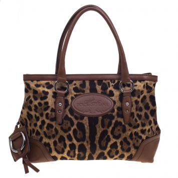 Pre Owned Dolce and Gabbana Brown Leopard Print Fabric and Leather Animalier Tote