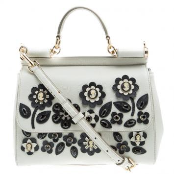 Pre Owned Dolce and Gabbana Off White Leather Medium Jewel Embellished Miss Sicily Top Handle Bag