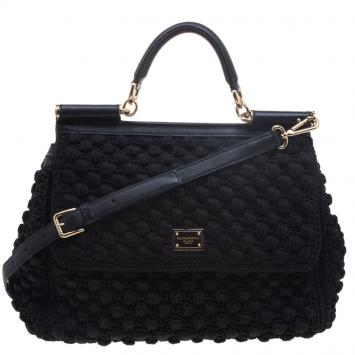 Pre Owned Dolce and Gabbana Black Crochet Miss Sicily Top Handle Bag