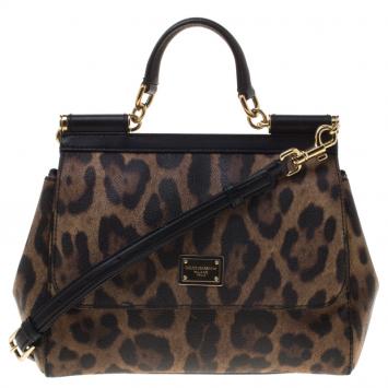 Pre Owned Dolce and Gabbana Leopard Print PVC Small Miss Sicily Top Handle Bag