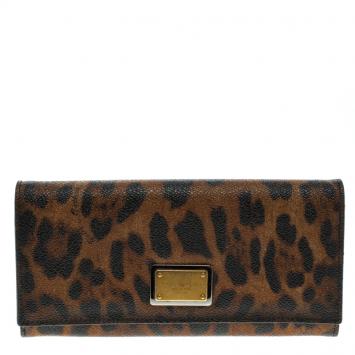 Pre Owned Dolce and Gabbana Brown Leopard Print Leather Dauphine Continental Wallet