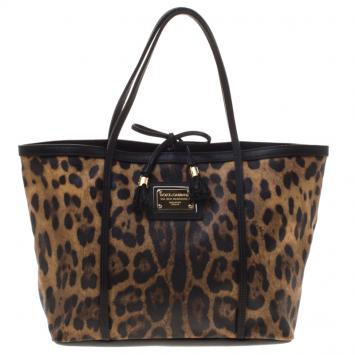 Pre Owned Dolce and Gabbana Leopard Print Coated Canvas Miss Escape Tote