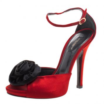 Pre Owned Dolce and Gabbana Crimson Red Satin Rose Peep Toe Ankle Strap Sandals Size 37.5