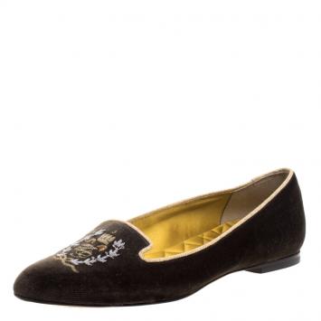 Pre Owned Dolce and Gabbana Dark Brown Embroidered Velvet Smoking Slippers Size 37