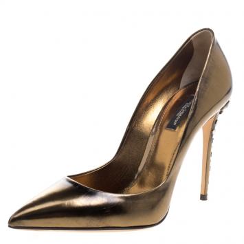مملوكة مسبقًا Dolce and Gabbana Bronze Metallic Leather Studded Heel Pointed Toe Pumps Size 39