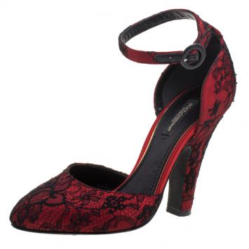 Pre Owned Dolce and Gabbana Red Satin and Lace Ankle Strap D'orsay Pumps Size 37