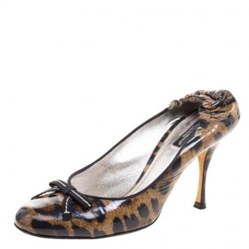 Pre Owned Dolce and Gabbana Leopard Print Patent Leather Bow Detail Scrunch Pumps Size 39.5