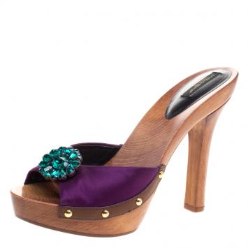 Pre Owned Dolce and Gabbana Purple Satin Crystal Embellished Brooch Wooden Slides Size 40
