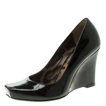 Pre Owned Dolce and Gabbana Black Patent Leather Square Toe Wedge Pumps Size 35