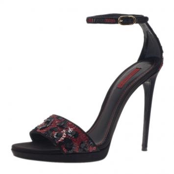 Pre Owned Dolce and Gabbana Red and Black Sequins Ankle Strap Sandals Size 40