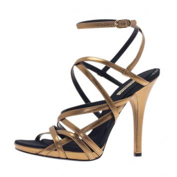 Pre Owned Dolce and Gabbana Gold Leather Strappy Platform Sandals Size 40.5
