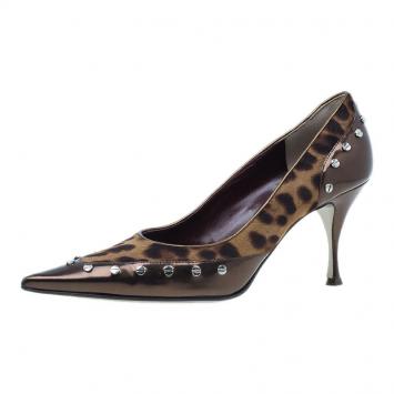 Pre Owned Dolce and Gabbana Brown Pony Hair and Leather Studded Pumps Size 40.5 