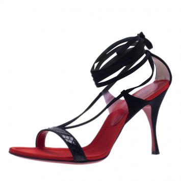 Pre Owned Dolce and Gabbana Black Satin and Leather Ankle Wrap Sandals Size 41