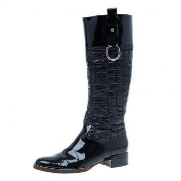 Pre Owned Dolce and Gabbana Black Patent Leather and Quilted Nylon Knee Boots Size 40.5