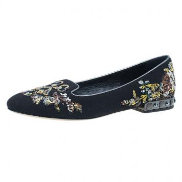 Pre Owned Dolce and Gabbana Black Suede and Sequin Embroidered Smoking Slippers Size 39.5