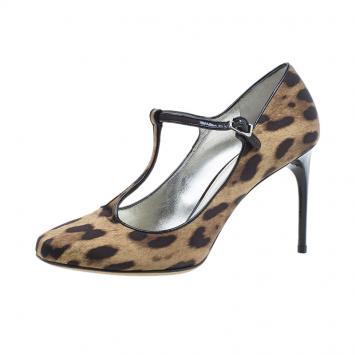 Pre Owned Dolce and Gabbana Leopard Canvas T-Strap Pumps Size 40