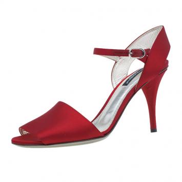 Pre Owned Dolce and Gabbana Red Satin Ankle Strap Sandals Size 38