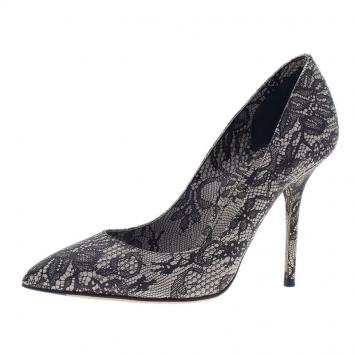 Pre Owned Dolce and Gabbana Black Lace Print Pointed Toe Pumps Size 38