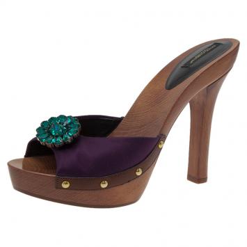 Pre Owned Dolce and Gabbana Purple Satin Crystal Embellished Slides Size 40
