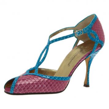 Pre Owned Dolce and Gabbana Blue and Pink Python Ankle Strap Pumps Size 35
