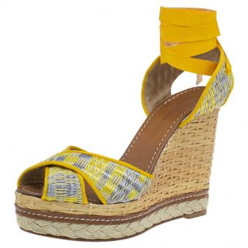 مملوكة مسبقًا Dolce and Gabbana Yellow Leather and Espadrille Tie Up Platform Wedges Size 41